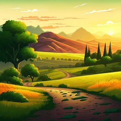 Wall Mural - Cartoon nature landscape at evening. Rural dirt road going along green field with deciduous trees and mountains view. Scenery game sunset background, Illustration