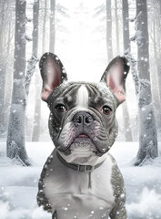 Wall Mural - French Bulldog playing in the snowy woods