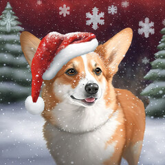 Wall Mural - Corgi dog in santa hat playing in the snowy woods