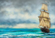 Oil paintings sea landscape, old ship in the ocean. Artwork, fine art