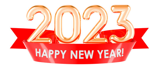 Happy New Year 2023 concept with red ribbon, 3D rendering