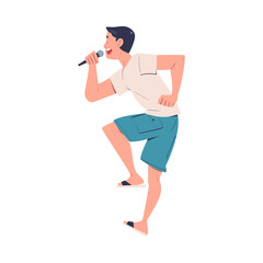 Wall Mural - Young man performing on stage with microphone. Male singer singing and dancing cartoon vector illustration