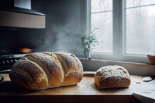 Steamy Baked Bread On Wooden Kitchen Table