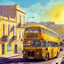 Il Mellieha, Malta Beautiful Skyline View Of Mellieha Town With An Old Yellow Bus On Route To Mellieha Bay On The Maltese Island Of Malta