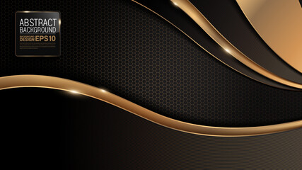 Wall Mural - gold curve line on black luxury background, image abstract, overlap layer shadow gradients space composition, for banner, template design