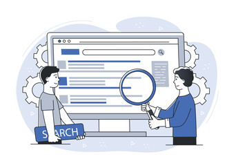 People working on website. Men with magnifying glass near computer write code, develop program, software or application. IT specialists and programmers at workplace. Cartoon flat vector illustration