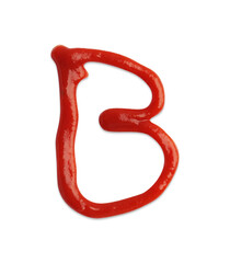 Letter B drawn by ketchup on white background