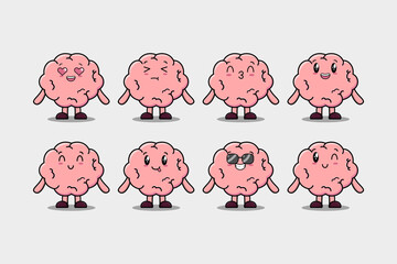 Wall Mural - Set kawaii Brain cartoon character with different expressions cartoon face vector illustrations