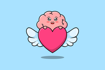 Wall Mural - cute cartoon Brain character hiding heart in flat cartoon style illustration