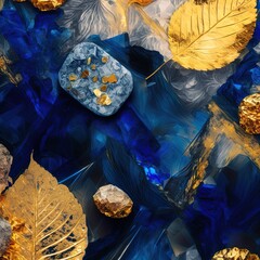 Wall Mural - Beautiful Golden autumn leaves on abstract background. Golden and dark blue mixed acrylic paints. Stones like marble contain all the history and secrets of the Eart.