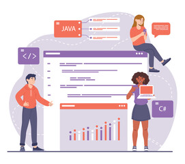 Wall Mural - programmers working concept. men and women near graphs and charts working with statistics. character