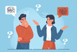 Problems in communication. Man does not understand what woman saying to him. Communication and interaction, mental health. uncertainty and confusion. Poster or banner. Cartoon flat vector illustration