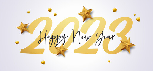 Happy New Year 2023 with calligraphic and brush painted text effect. Vector illustration background for new year's eve and new year resolutions and happy wishes with stars and balls christmas elements