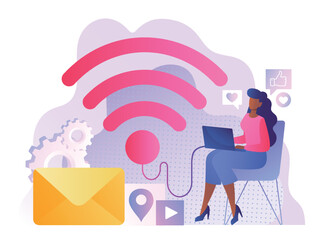 Wall Mural - woman with wi fi. metaphor of wireless connection and internet. modern technologies and digital worl