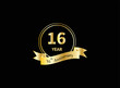 16 years anniversary logo template isolated on gold, gold stamp 16th anniversary icon label with ribbon, twenty year birthday seal symbol.