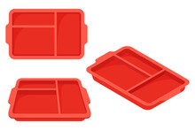 Plastic Food Trays.Trays For Carrying Food And Serving In Fast Food Establishments And Cafeterias With Compartments For Different Products.Vector Illustration.