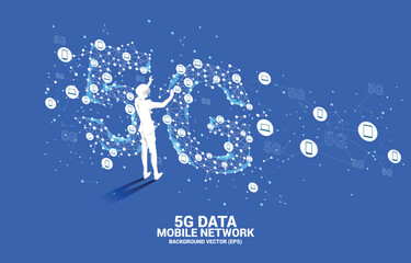 Poster - Silhouette man wear VR glasses Polygon dot connect line shaped 5G mobile networking. Concept of digital virtual reality technology and AR .