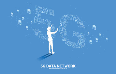 Poster - Silhouette man wear VR glasses and 5G Data technology from online function icon. Concept for mobile telecommunication global network.
