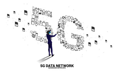 Poster - Silhouette man wear VR glasses and 5G Data technology from online function icon. Concept for mobile telecommunication global network.