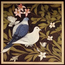 Vintage Panel Of Two Doves In A Flowering Tree. Love, Romance, Couple,  Leaves, Flowers, Retro, Painting, Birds. [3D Digital Art, Illustration, Animal Character Portrait, Sci-Fi, Fantasy, Background]