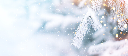 Wall Mural - outside christmas tree in snow background with lights from garlands and falling snow.