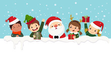Kids In Christmas Costumes And Santa Claus Looking Out From Behind Empty Blank. Christmas Card