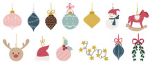 Set Of Decorative Christmas Hanging Bauble Vector Illustration. Collection Of Christmas Balls, Santa Hat, Pine Cone, Star Light Wire, Reindeer. Design For Sticker, Card, Print, Poster, Decoration.