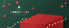 Merry Christmas Banner With Product Table Display And Festive Decoration For Christmas