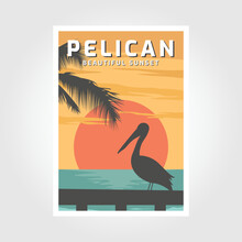 Pelican Vintage Poster. Paradise Beach Vintage Poster Vector