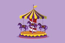 Character Flat Drawing Of Colorful Horse Carousel In Amusement Park With Horses Spinning Under The Tent With Flag. Happy Childhood. Play On Funfair Outdoor Festival. Cartoon Design Vector Illustration