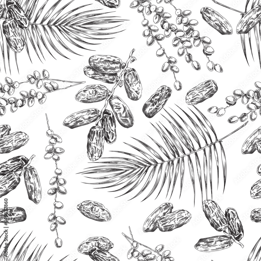 Seamless pattern with date palm elements and fruits sketch vector ...