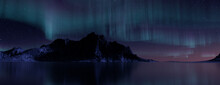 Snow Covered Mountains With Aurora Lights. Blue Sky Wallpaper With Copy-space.