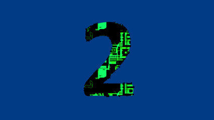 Wall Mural - number 2 - high tech cyberpunk black and green alphabet on blue, isolated - object 3D rendering