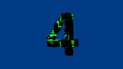 Wall Mural - number 4 - hi-tech cyberpunk black and green alphabet on blue, isolated - object 3D illustration