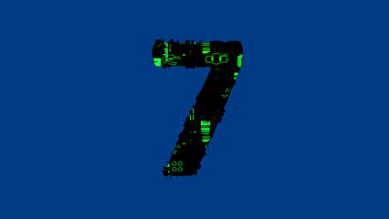 Wall Mural - number 7 - high tech cyberpunk black and green alphabet on blue, isolated - object 3D illustration