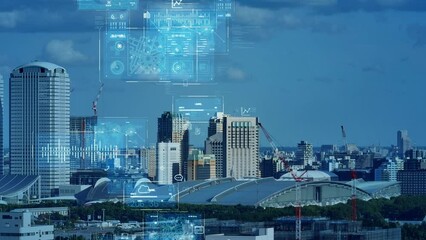 Leinwandbilder - Modern city aerial view and digital data concept. Digital transformation. Smart city.