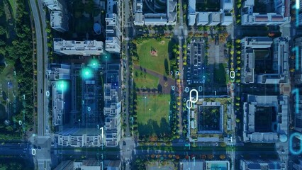 Poster - Modern city aerial view and digital transformation concept. Smart city.