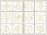 Fototapeta  - Twelve zodiac astrological horoscope signs card templates set. Capricorn, Aquarius, Pisces, Aries, Taurus etc stylized symbols esoteric, zodiacal horoscope constellation thin line vector illustration
