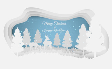 Chrismas with deer in forest and pine trees.Paper art style illustration.