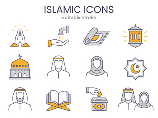 Wall Mural - Arabic icons, such as islam, quran, people, muslim, lantern and more. Editable stroke.