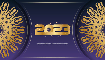 Wall Mural - Golden pattern on Blue. Happy new year 2023 holiday poster.