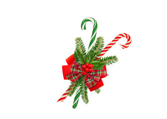 Wall Mural - christmas greeting card with red ribbon, fir branches, holly berries and candy cane on transparent b