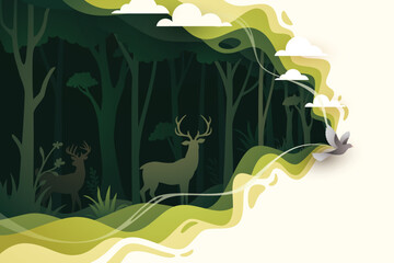 Wall Mural - Deer in natural forest layered shape wavy background in paper cut style