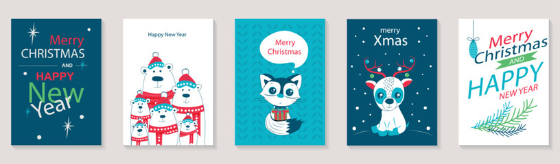 Wall Mural - Merry Christmas and Happy New Year 2023 brochure covers set. Xmas minimal banner design with polar bears in hats, cat with gift, cute reindeer. Vector illustration for flyer, poster or greeting card.