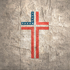 Wall Mural - Christian cross with USA national flag texture. Religion concept illustration