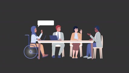 Wall Mural - Animated discussion characters. Disability at work. Full body flat people on black background with alpha channel transparency. Colorful cartoon style HD video footage for animation