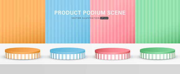 Wall Mural - Set of realistic blue, pink, yellow and green cylinder pedestal podium with line seamless pattern  in background for scene show product display. 3D vector