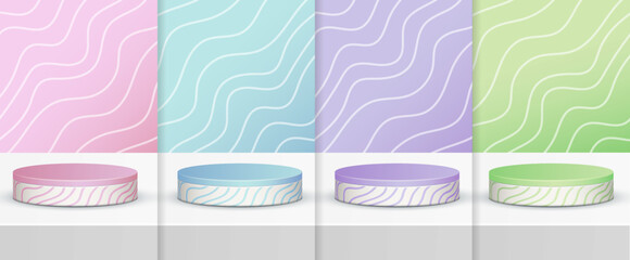 Wall Mural - Set of realistic pink, blue, purple and green cylinder pedestal podium with line wave seamless pattern  in background for scene show product display. 3D vector