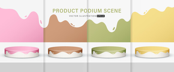 Wall Mural - Set of realistic pink brown green and yellow cylinder pedestal podium with wave pattern in background for scene show product display. 3D vector