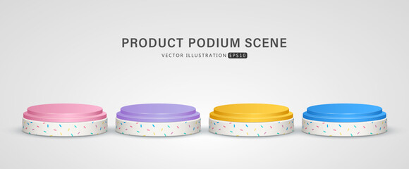 Wall Mural - Set of realistic blue, pink, yellow and purple cylinder step pedestal podium with line seamless pattern  in background for scene show product display. 3D vector